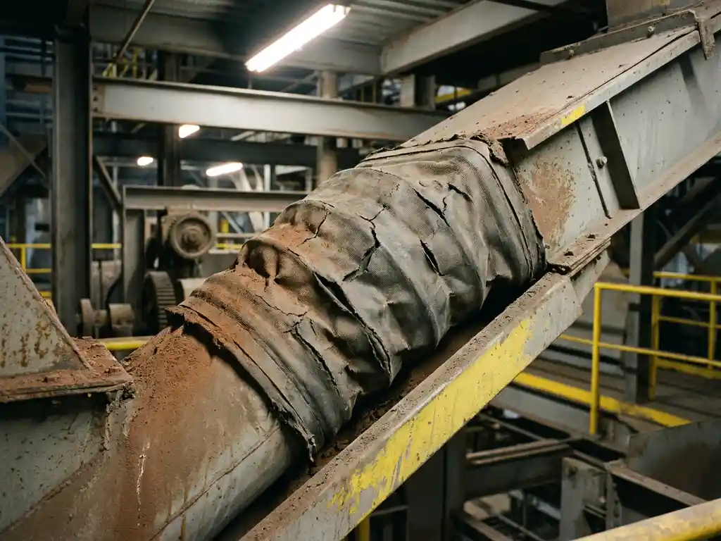 Versleten industriële laadbalg met scheuren en vervorming op een zwaarbelast transportsysteem in een stoffige fabriek.