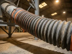 Rubberen laadbalg wordt gemonteerd op een bulklaadpijp in een industriële graanopslagfaciliteit, golfvormige flexibele huls op de voorgrond.