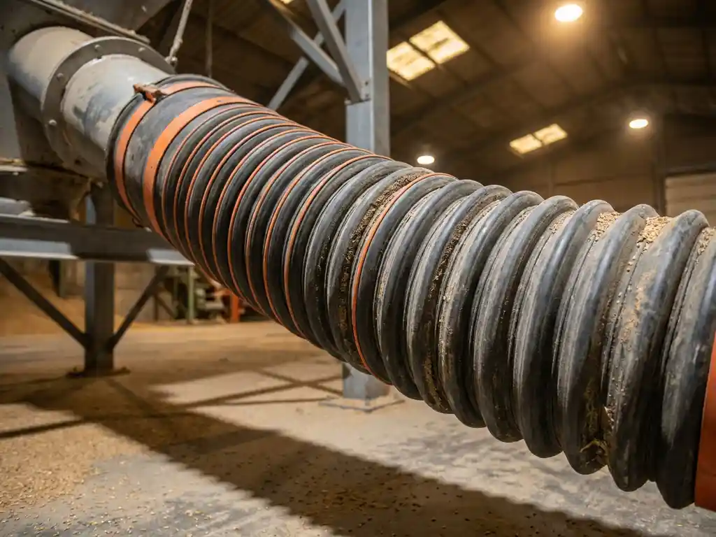 Rubberen laadbalg wordt gemonteerd op een bulklaadpijp in een industriële graanopslagfaciliteit, golfvormige flexibele huls op de voorgrond.