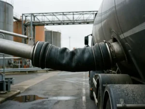 Laadbalg verbindt tankwagen met industriële laadarm op brandstofterminal, stalen steiger en opslagtanks op achtergrond.