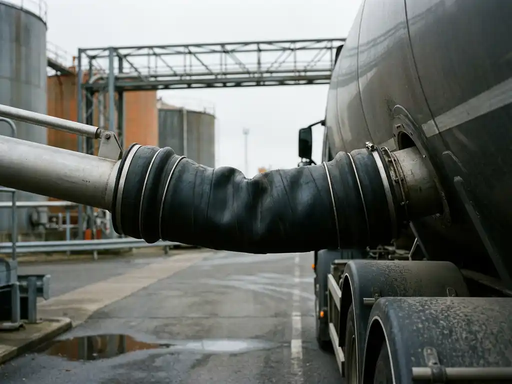Laadbalg verbindt tankwagen met industriële laadarm op brandstofterminal, stalen steiger en opslagtanks op achtergrond.