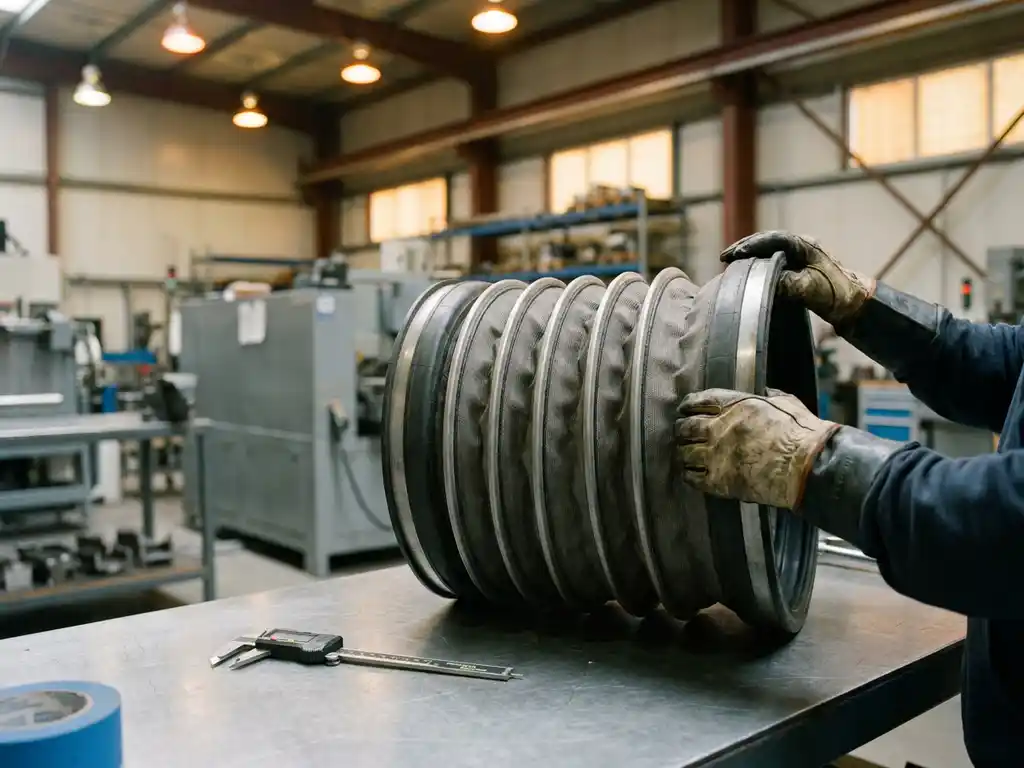 Technicus met handschoenen houdt industriële laadbalg omhoog in fabriek, meetschuifmaat op stalen werkbank op de voorgrond.