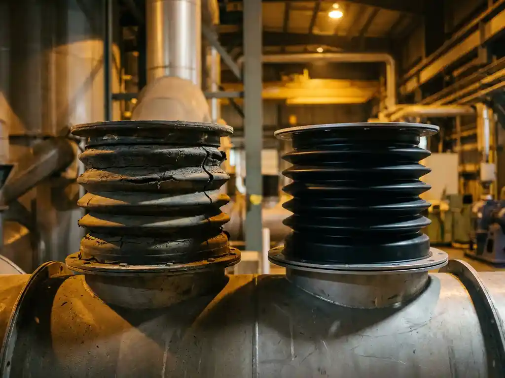Versleten industriële laadbalg met zichtbare scheuren naast nieuwe vervangingsbalg op stalen kanaalwerk in fabriekshal.