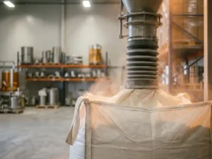 Flexibele laadbalg verbindt industriële vulnozzle met open mond van grote witte bigbag, fijn poederstof zichtbaar rond de aansluiting.