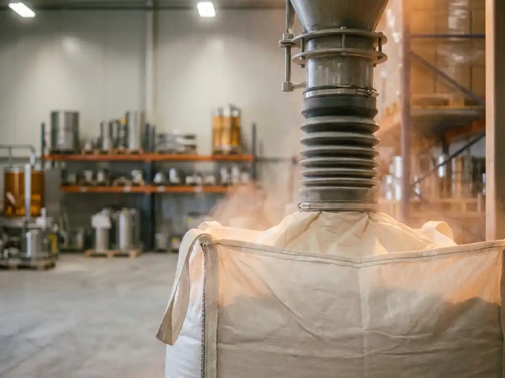 Flexibele laadbalg verbindt industriële vulnozzle met open mond van grote witte bigbag, fijn poederstof zichtbaar rond de aansluiting.