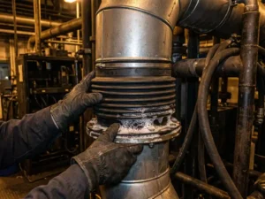 Gehandschoende handen die zeepschuim aanbrengen op een balgsluiting van een industrieel ventilatiekanaal om luchtlekkage op te sporen.