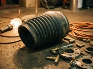 Zwarte rubber balg laadluchtveer op betonvloer, omringd door pneumatische fittingen en metalen flenzen in industriële werkplaats.