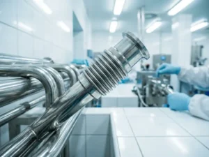 Roestvrijstalen balgsluiting in een farmaceutische productiepijpleiding, omgeven door steriele apparatuur en gepolijste metalen buizen.
