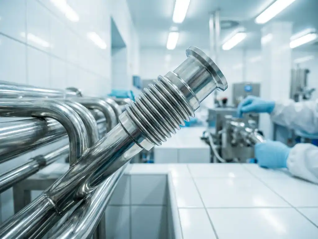 Roestvrijstalen balgsluiting in een farmaceutische productiepijpleiding, omgeven door steriele apparatuur en gepolijste metalen buizen.