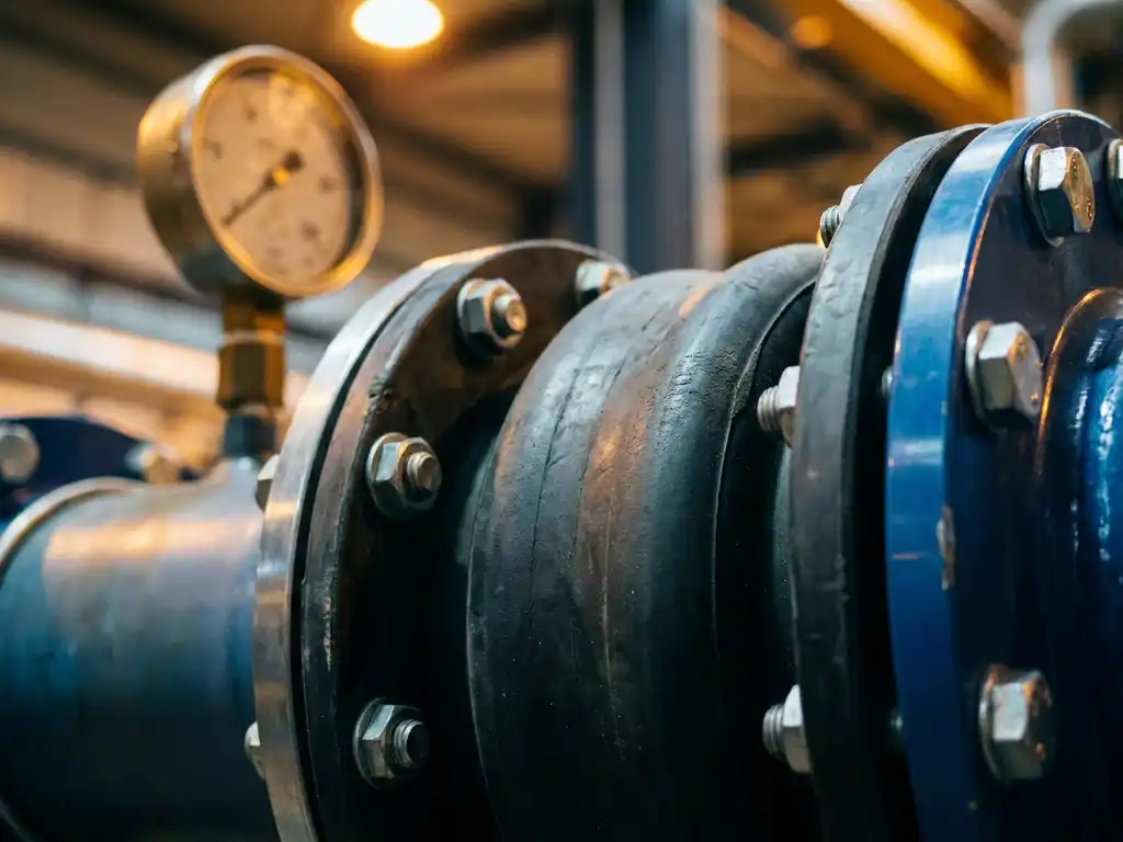 Rubberen balgscompensator op industriële pijpleiding met zichtbare drukmeter en gebout flenzen in fabriekslicht.