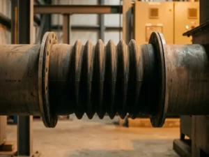 Donkergrijze rubber balgslangeverbinding tussen stalen industriekanalen, licht samengedrukt voor trillingsdempende werking.