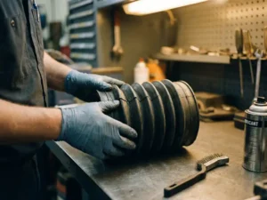 Versleten rubberen expansiebalg wordt geïnspecteerd door gehandschoende handen op een industriële werkbank, met borstel en smeermiddel nearby.