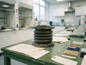 Verweerde rubberen balgslangeverbinding op industriële werkbank, omringd door materiaalcertificaten en chemische resistentiemonsters.