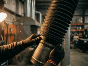 Monteur bevestigt rubberen balg op industriële laadpijp in magazijn, close-up met scherpe belichting op getextureerd rubber.