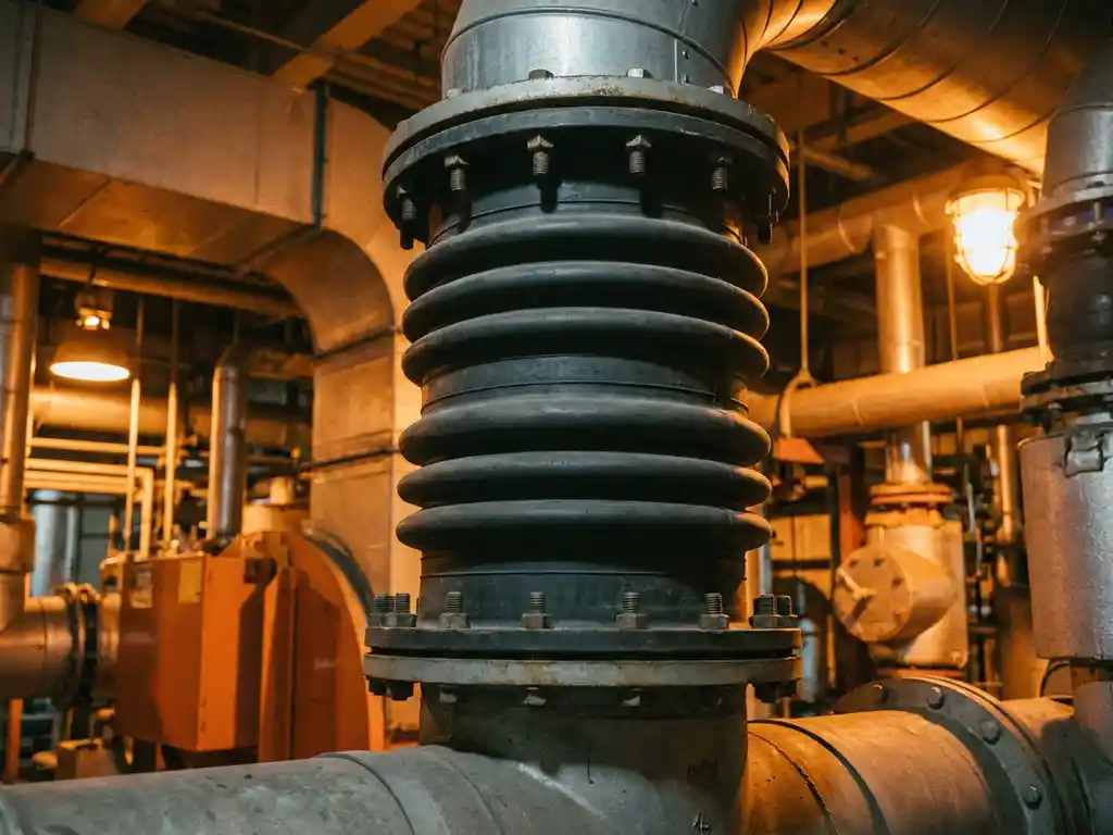 Rubber balg compensator op industriële pijpleiding tussen chemische verwerkingsapparatuur, met zichtbare ribbels en oranje-grijze tinten.