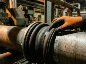 Technicus inspecteert haarscheur in rubberen balg-expansieverbinding op industriële stalen pijp met zichtbaar vochtlek.