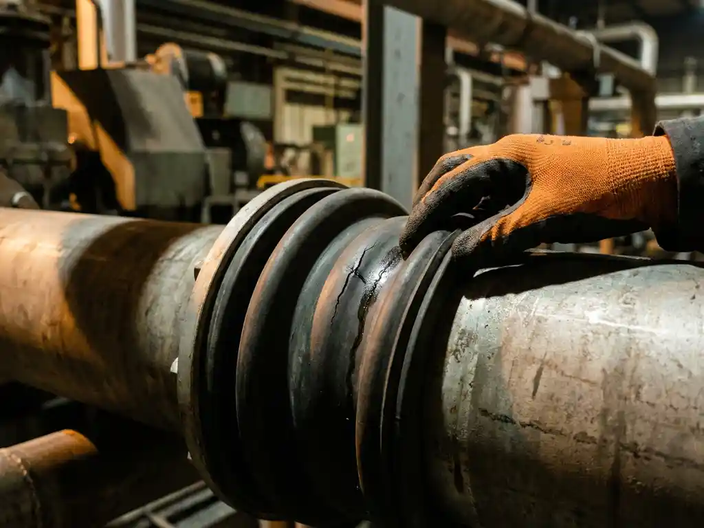 Technicus inspecteert haarscheur in rubberen balg-expansieverbinding op industriële stalen pijp met zichtbaar vochtlek.