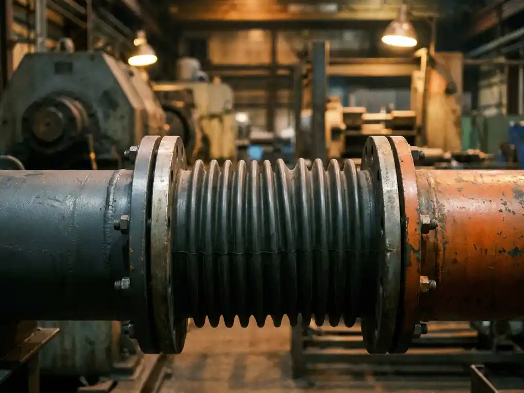 Rubberen balgslangeverbinding tussen stalen industriële leidingen die trilling absorbeert op een donkere fabriekshal.