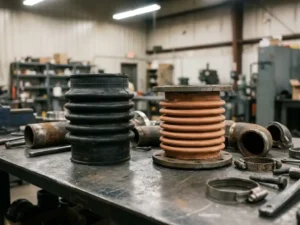 Rubberen laadbalg en stoffen expansiebalg naast elkaar op stalen werkoppervlak, omgeven door pijpfittingen en metalen klemmen.