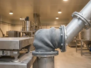 Rubber balgslangeverbinding op roestvrijstalen weegplatform, aangesloten op poedertransportleiding in industriële productieomgeving.