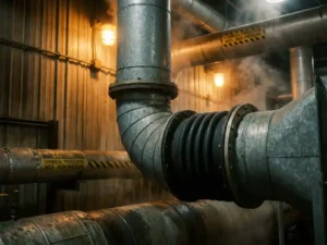 Rubberen balgsluiting op industrieel luchtkanalensysteem in chemische fabriek, met waarschuwingsborden en veiligheidslichten op achtergrond.