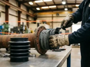 Technicus verwijdert versleten rubberen balg van industriële pijpflens, met vervangende balg op werkbank op de achtergrond.
