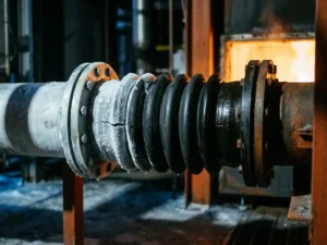 Verouderde rubberen expansiebalg op industriële pijp, links gebarsten door vorst, rechts soepel nabij warmtebron, dramatische zijverlichting.