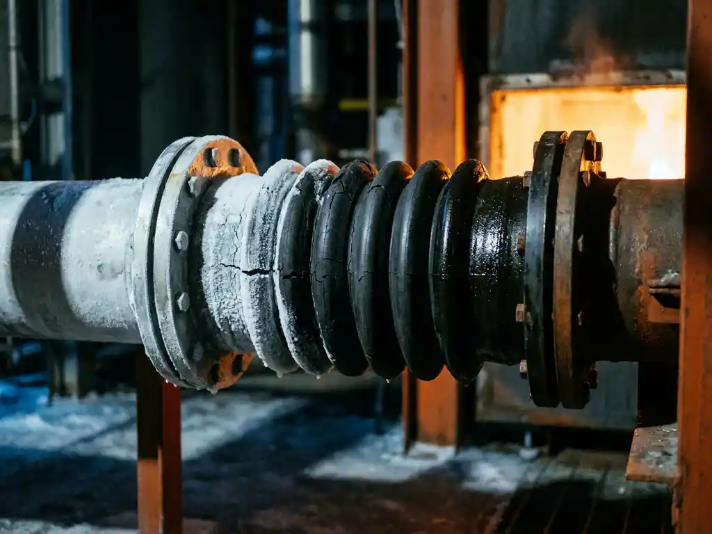 Verouderde rubberen expansiebalg op industriële pijp, links gebarsten door vorst, rechts soepel nabij warmtebron, dramatische zijverlichting.