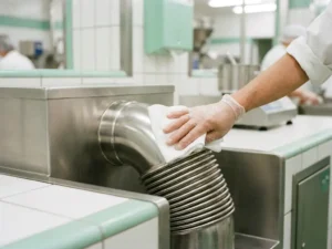 Roestvrijstalen laadbalg wordt afgeveegd met een pluisvrije doek in een steriele voedselverwerking­sfaciliteit.