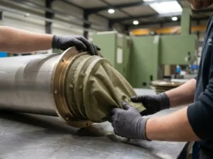 Technicus in handschoenen monteert flexibele stoffen compensator op industriële kanaalsflens in werkplaats.