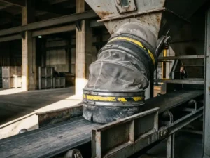 Flexibele stofcontainment mouw rond bulkladingschacht boven industriële transportband, fijn grijs stof zichtbaar ingesloten.