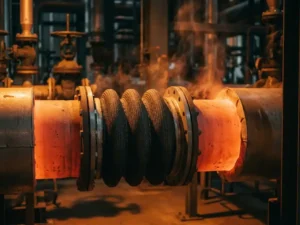 Stoffen balg-expansievoeg op gloeiende industriële pijpleiding in chemische fabriek, omgeven door hitteschimmering en warm amberkleurig licht.