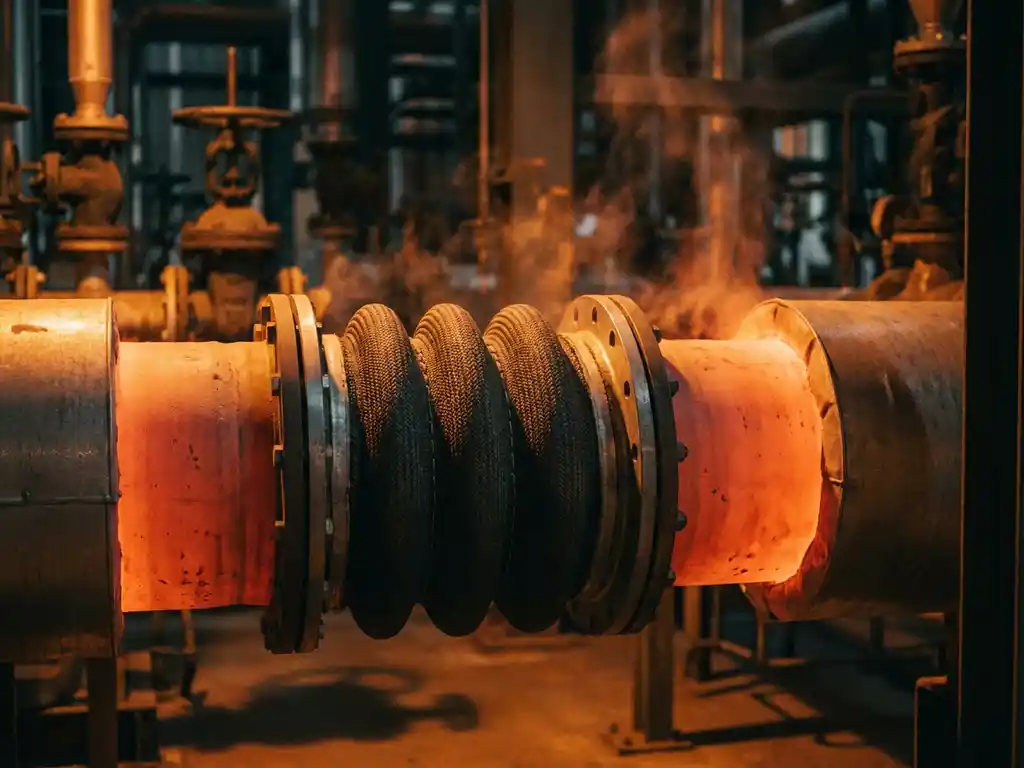Stoffen balg-expansievoeg op gloeiende industriële pijpleiding in chemische fabriek, omgeven door hitteschimmering en warm amberkleurig licht.