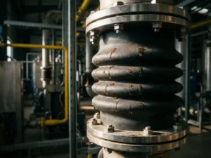 Chemisch-resistente stoffen balgslangeverbinding op industriële pijpleiding met amberen vloeistofdruppels op het oppervlak.