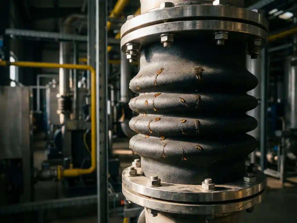 Chemisch-resistente stoffen balgslangeverbinding op industriële pijpleiding met amberen vloeistofdruppels op het oppervlak.