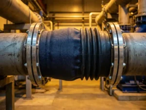 Flexibele stoffen balgscompensator tussen twee stalen buisflenzen in een industrieel kanaalysteem, absorberend trillingen en uitzetting.