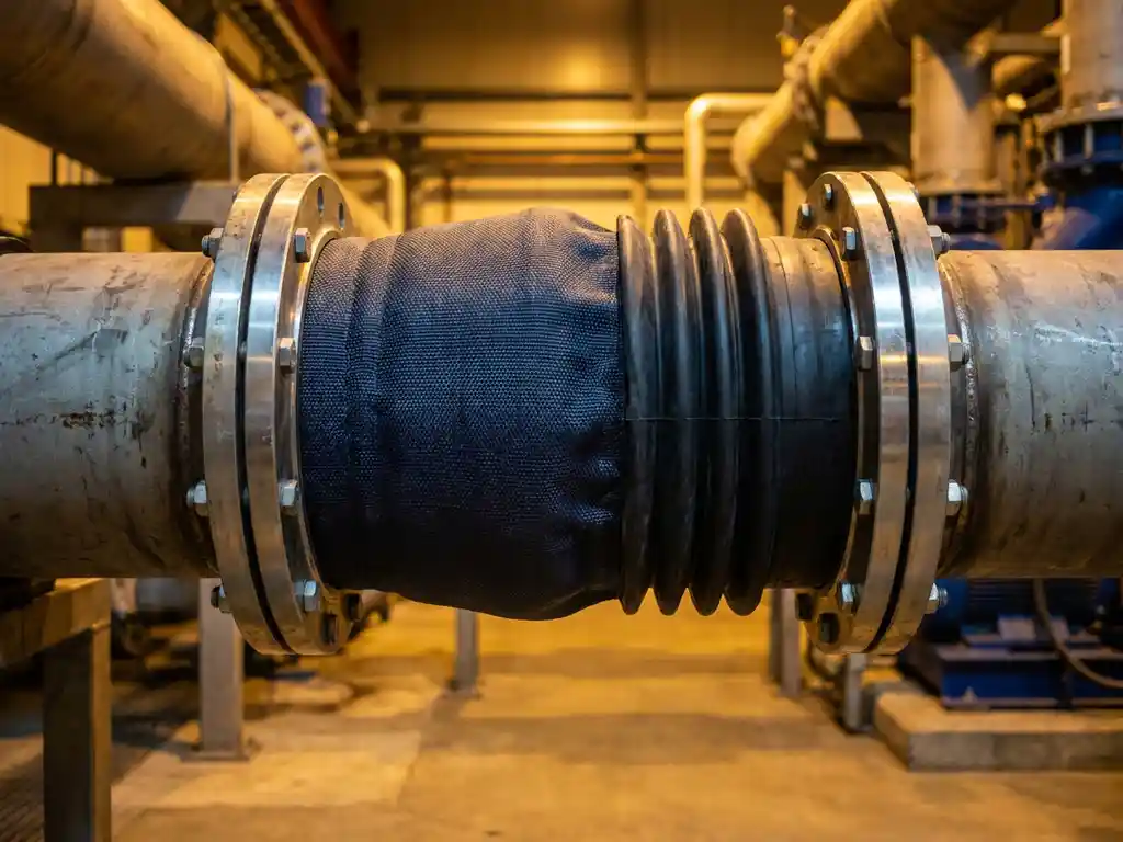 Flexibele stoffen balgscompensator tussen twee stalen buisflenzen in een industrieel kanaalysteem, absorberend trillingen en uitzetting.