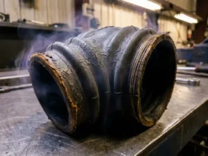 Verouderde rubberen balgsluiting met scheuren en oppervlaktedegradatie op een stalen werkbank, close-up met zachte industriële belichting.