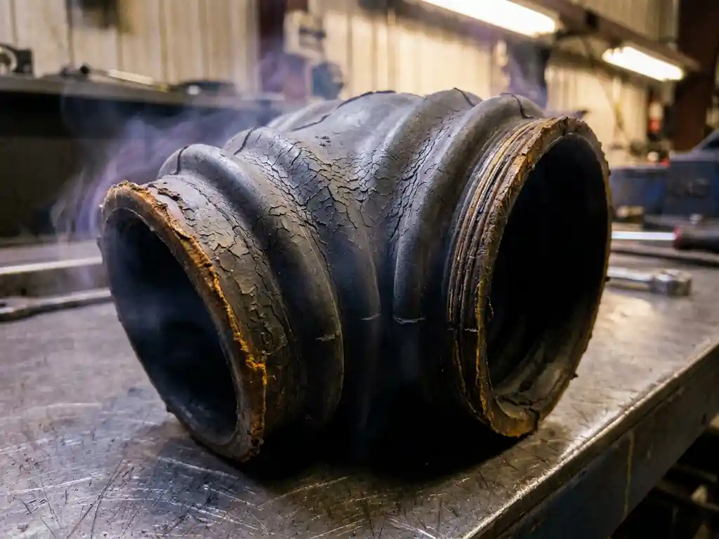Verouderde rubberen balgsluiting met scheuren en oppervlaktedegradatie op een stalen werkbank, close-up met zachte industriële belichting.