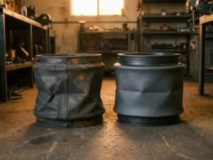 Versleten industriële laadbalg met scheuren en oppervlaktevermoeidheid naast nieuwe vervangingsunit op betonnen fabrieksloer.