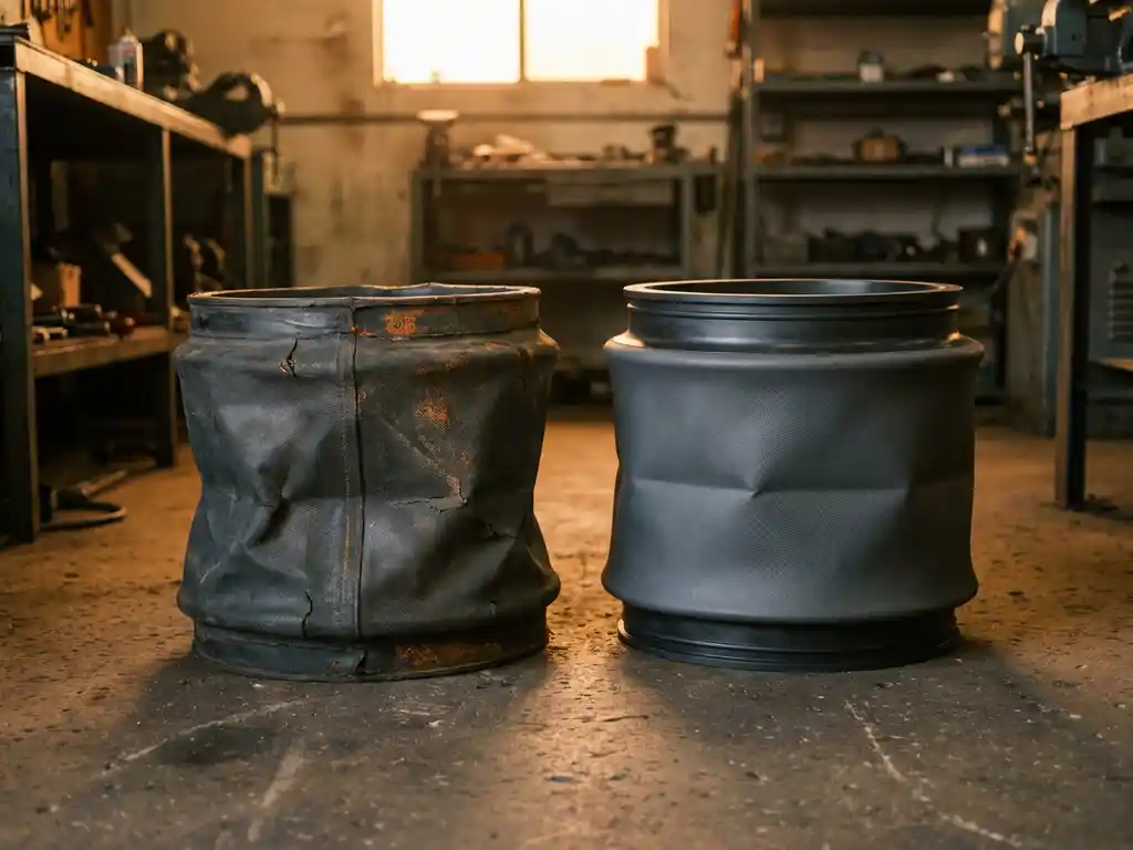 Versleten industriële laadbalg met scheuren en oppervlaktevermoeidheid naast nieuwe vervangingsunit op betonnen fabrieksloer.