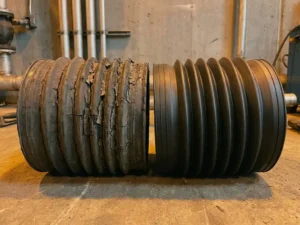 Versleten gebarsten rubberen laadbalg naast nieuwe vervangingsbalg op betonnen werkplaatsvloer, met zichtbare materiaaldegradatie.