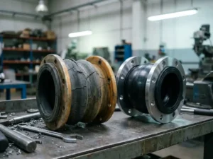 Versleten rubberen expansievoeg met scheuren en oppervlaktevermoeidheid naast een nieuwe vervangingseenheid op een werkbank.