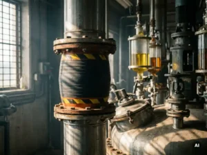 Chemisch-bestendige rubbercompensator tussen roestvrijstalen industriële leidingen, omgeven door glazen vaten en metalen kleppen in een chemische fabriek.