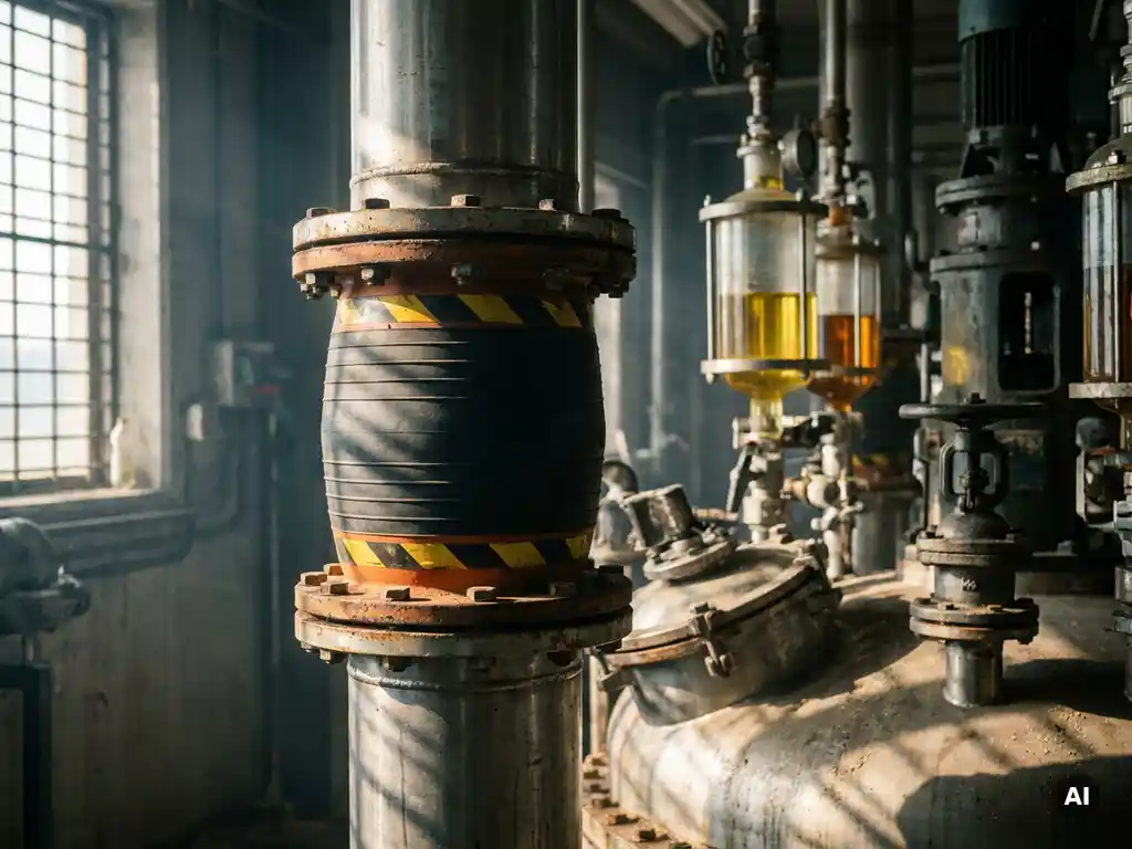 Chemisch-bestendige rubbercompensator tussen roestvrijstalen industriële leidingen, omgeven door glazen vaten en metalen kleppen in een chemische fabriek.