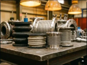 Vier industriële compensatoren — stof, rubber en metalen balg — op stalen werkbankoppervlak met pijpflenzen en fittingen.
