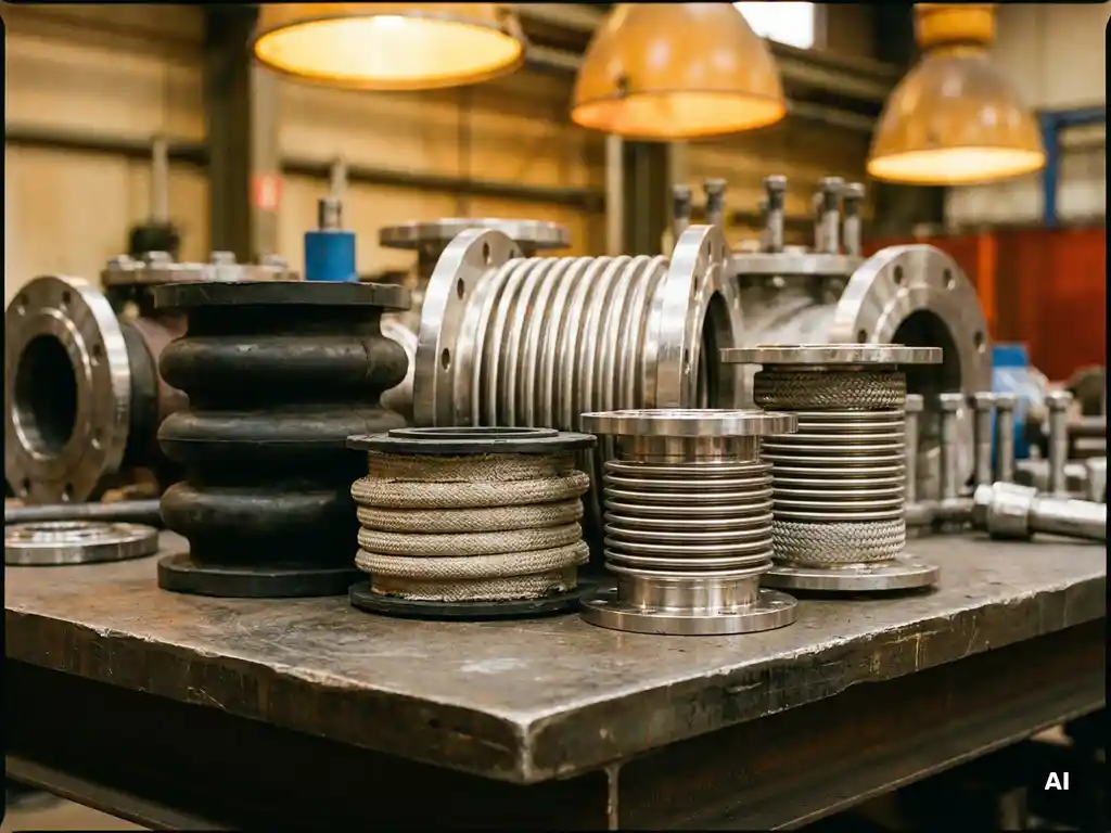 Vier industriële compensatoren — stof, rubber en metalen balg — op stalen werkbankoppervlak met pijpflenzen en fittingen.