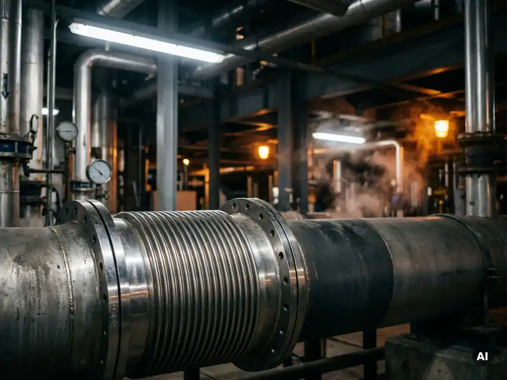Metalen expansiecompensator met geribbelde balgen op industriële pijpleiding in energiecentrale, verlicht door warm amberkleurig licht.