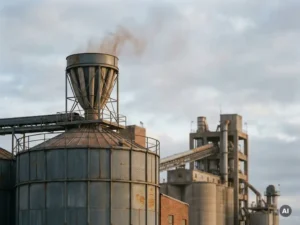 Industriële graansilo met ventilatiefilter bovenop, fijnstofdeeltjes verspreiden zich veilig in de lucht, betonnen fabriek op de achtergrond.