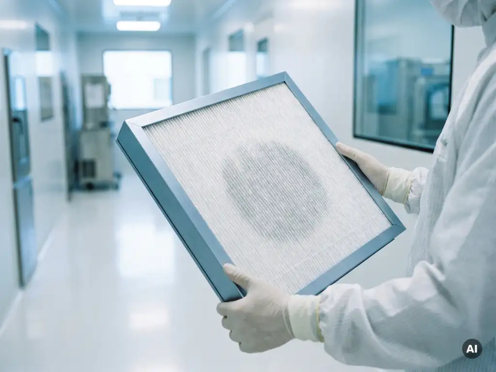 HEPA-filter paneel ter inspectie vastgehouden in een steriele cleanroom gang met witte muren en gepolijste vloeren.